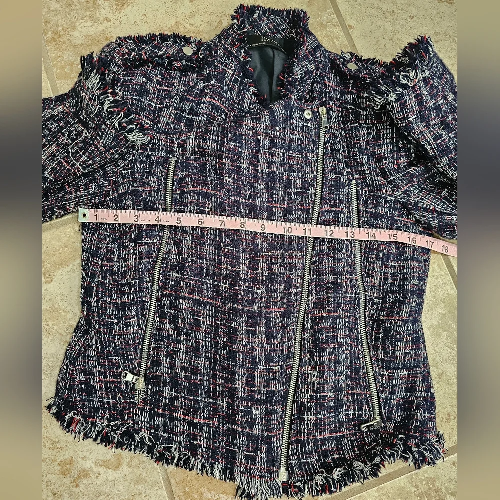 Zara Basic Navy Tweed Moto Jacket M Chanel-Inspired Raw Fringe Investment Piece - Picture 7 of 8